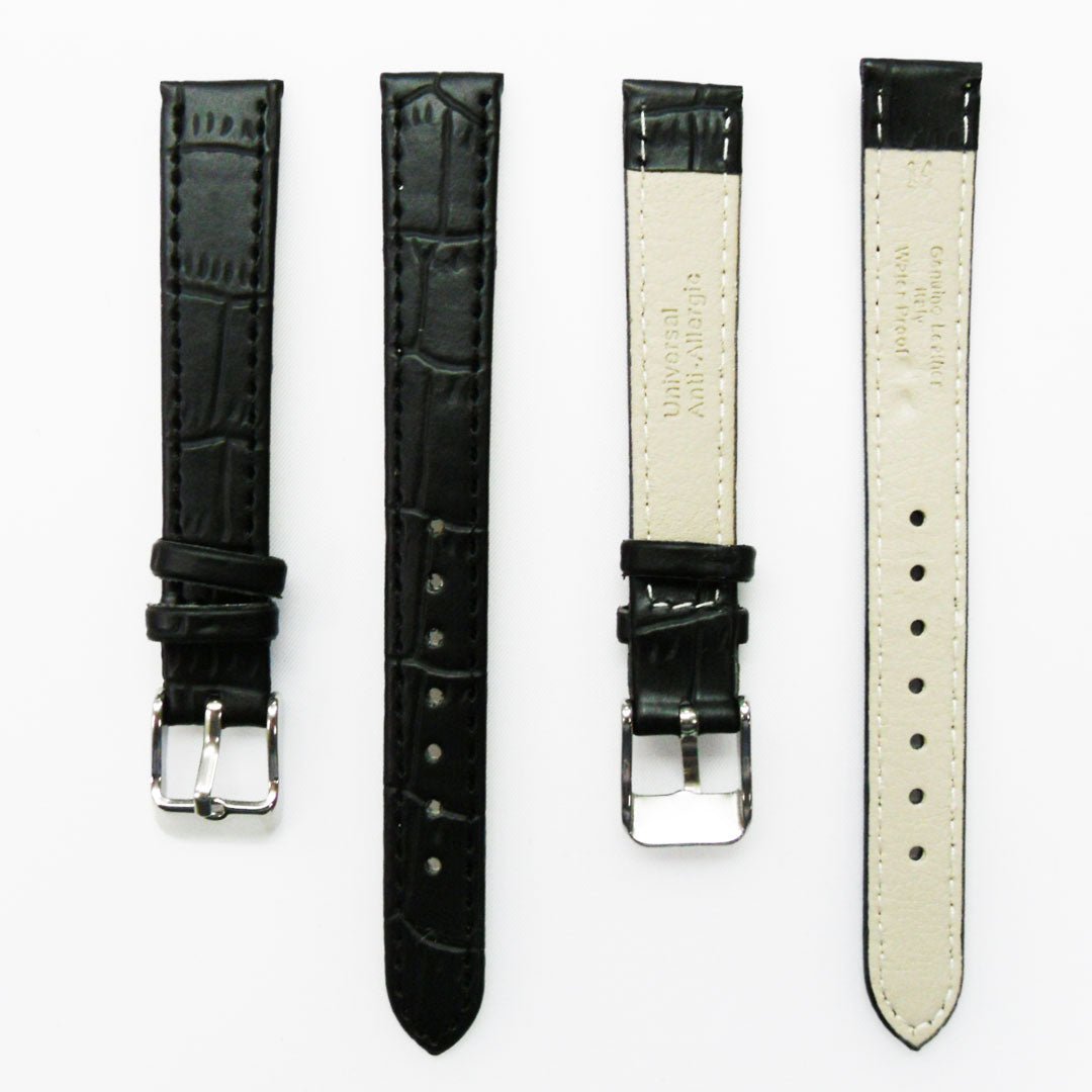 Genuine Leather Womens Watch Band, Black Alligator, Flat, Black Stitches, 12MM and 14MM , Regular Size, Stainless Steel Silver Buckle - Universal Jewelers & Watch Tools Inc.