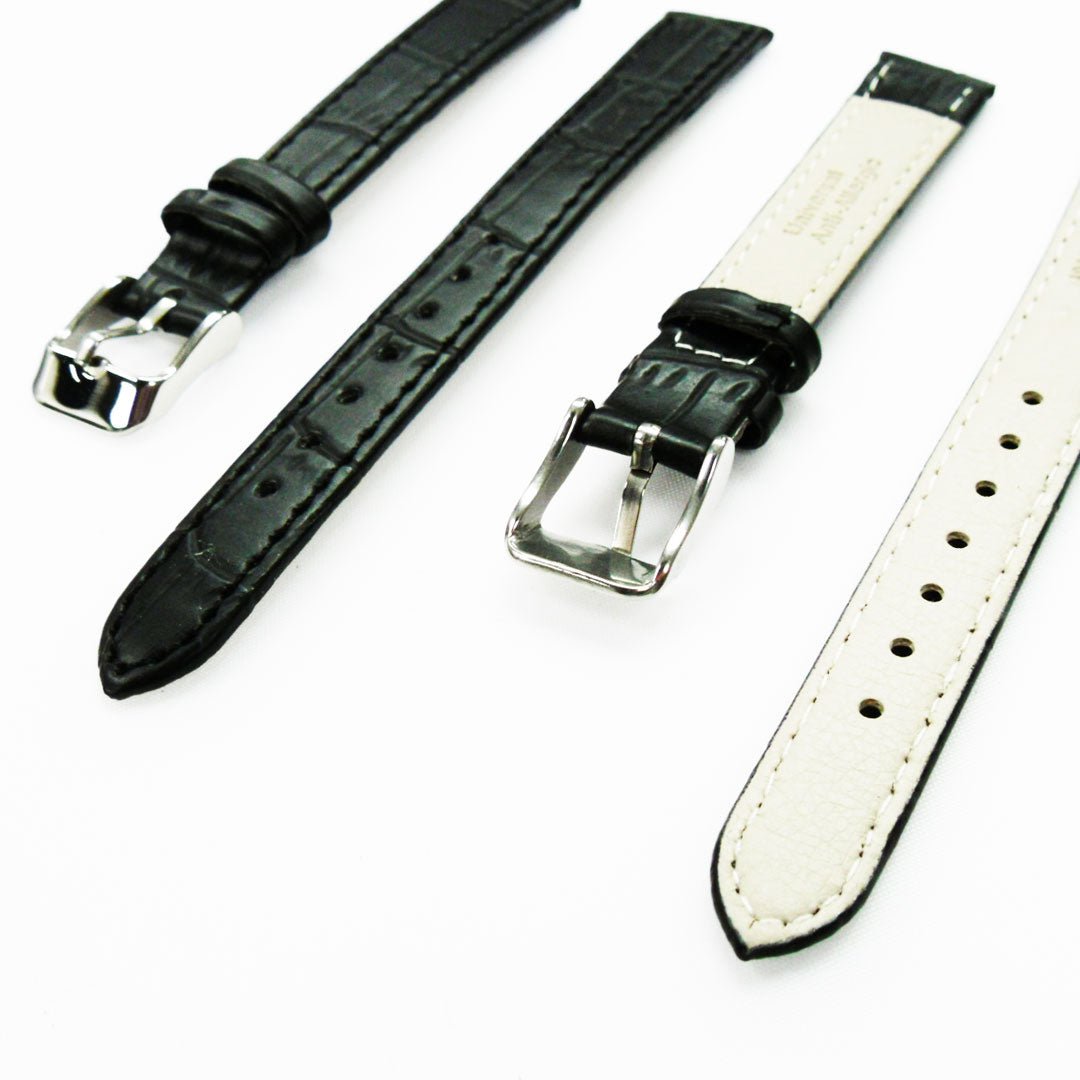 Genuine Leather Womens Watch Band, Black Alligator, Flat, Black Stitches, 12MM and 14MM , Regular Size, Stainless Steel Silver Buckle - Universal Jewelers & Watch Tools Inc.