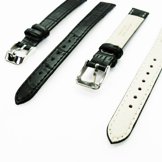 Genuine Leather Womens Watch Band, Black Alligator, Flat, Black Stitches, 12MM and 14MM , Regular Size, Stainless Steel Silver Buckle - Universal Jewelers & Watch Tools Inc.