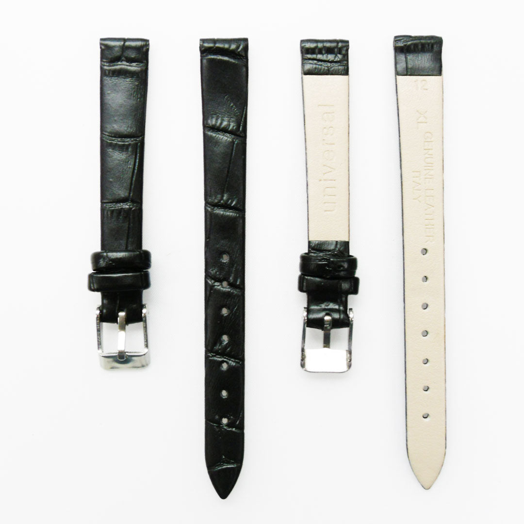 Genuine Leather Womens Watch Band, Black Alligator, Flat, No Stitches, 12MM Regular and 12MM XL Size, Stainless Steel Silver and Gold Buckle