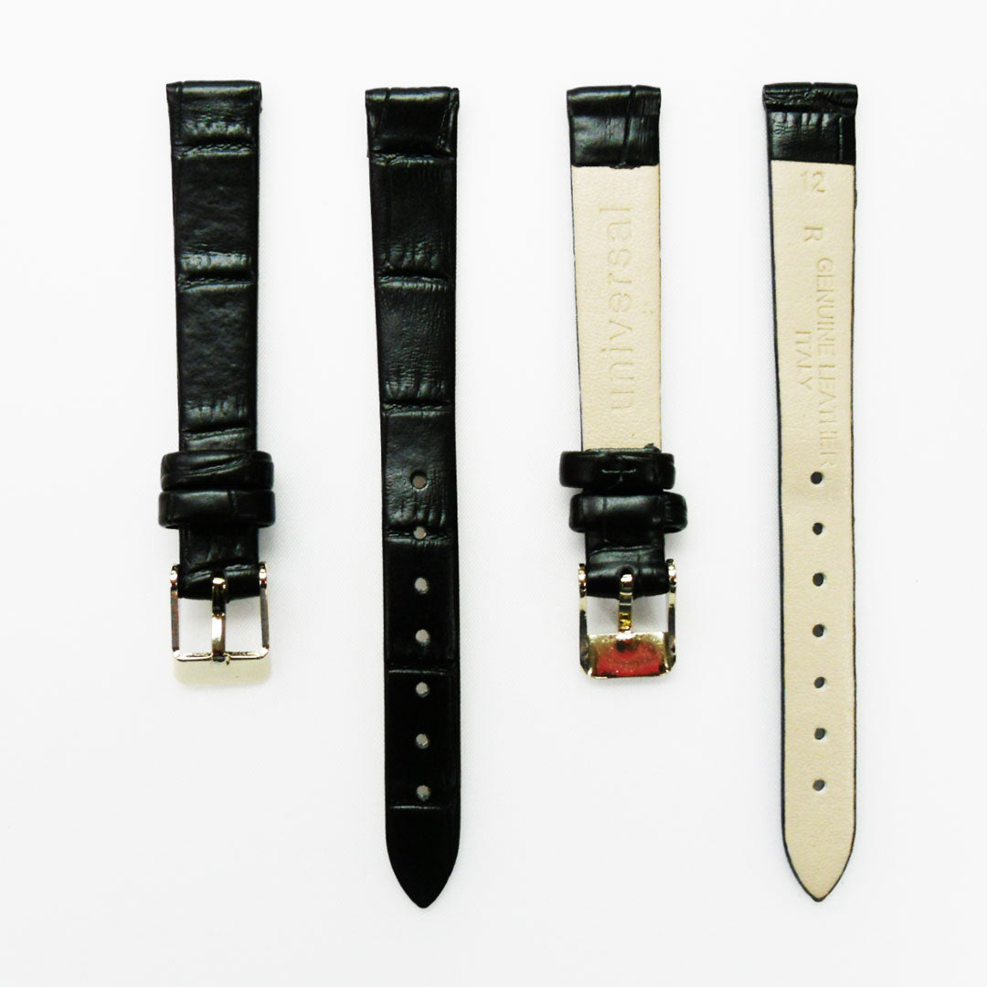 Genuine Leather Womens Watch Band, Black Alligator, Flat, No Stitches, 12MM Regular and 12MM XL Size, Stainless Steel Silver and Gold Buckle