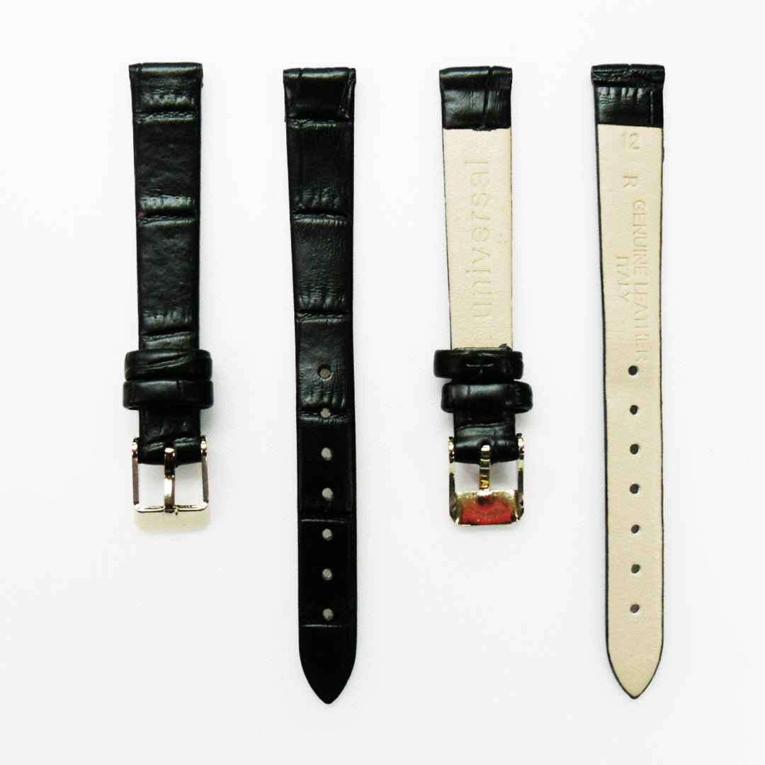 Genuine Leather Womens Watch Band, Black Alligator, Flat, No Stitches, 12MM Regular and 12MM XL Size, Stainless Steel Silver and Gold Buckle - Universal Jewelers & Watch Tools Inc.