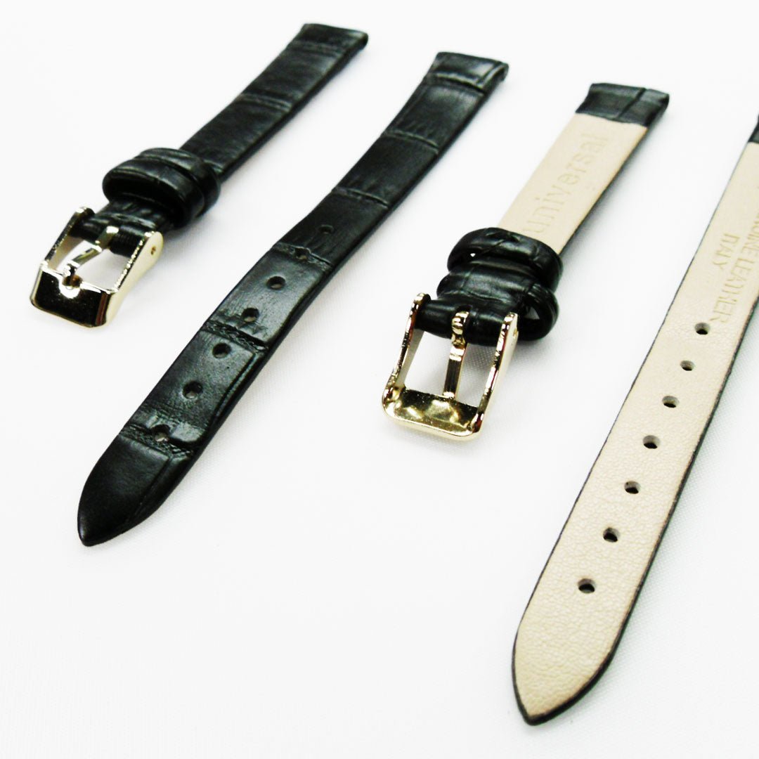 Genuine Leather Womens Watch Band, Black Alligator, Flat, No Stitches, 12MM Regular and 12MM XL Size, Stainless Steel Silver and Gold Buckle - Universal Jewelers & Watch Tools Inc.