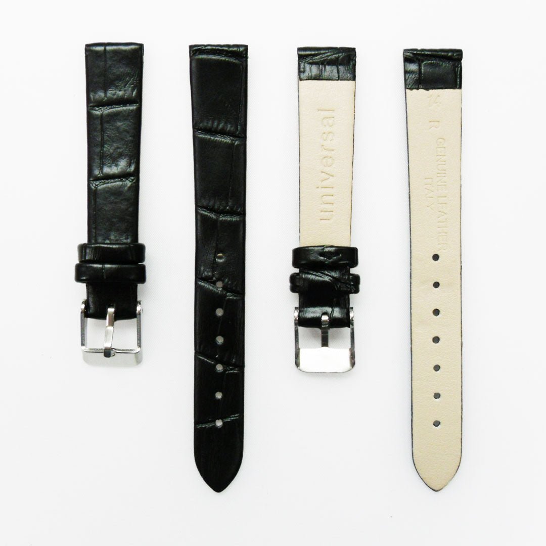 Genuine Leather Womens Watch Band, Black Alligator, Flat, No Stitches, 14MM Regular and 14MM XL Size, Stainless Steel Silver and Gold Buckle - Universal Jewelers & Watch Tools Inc.