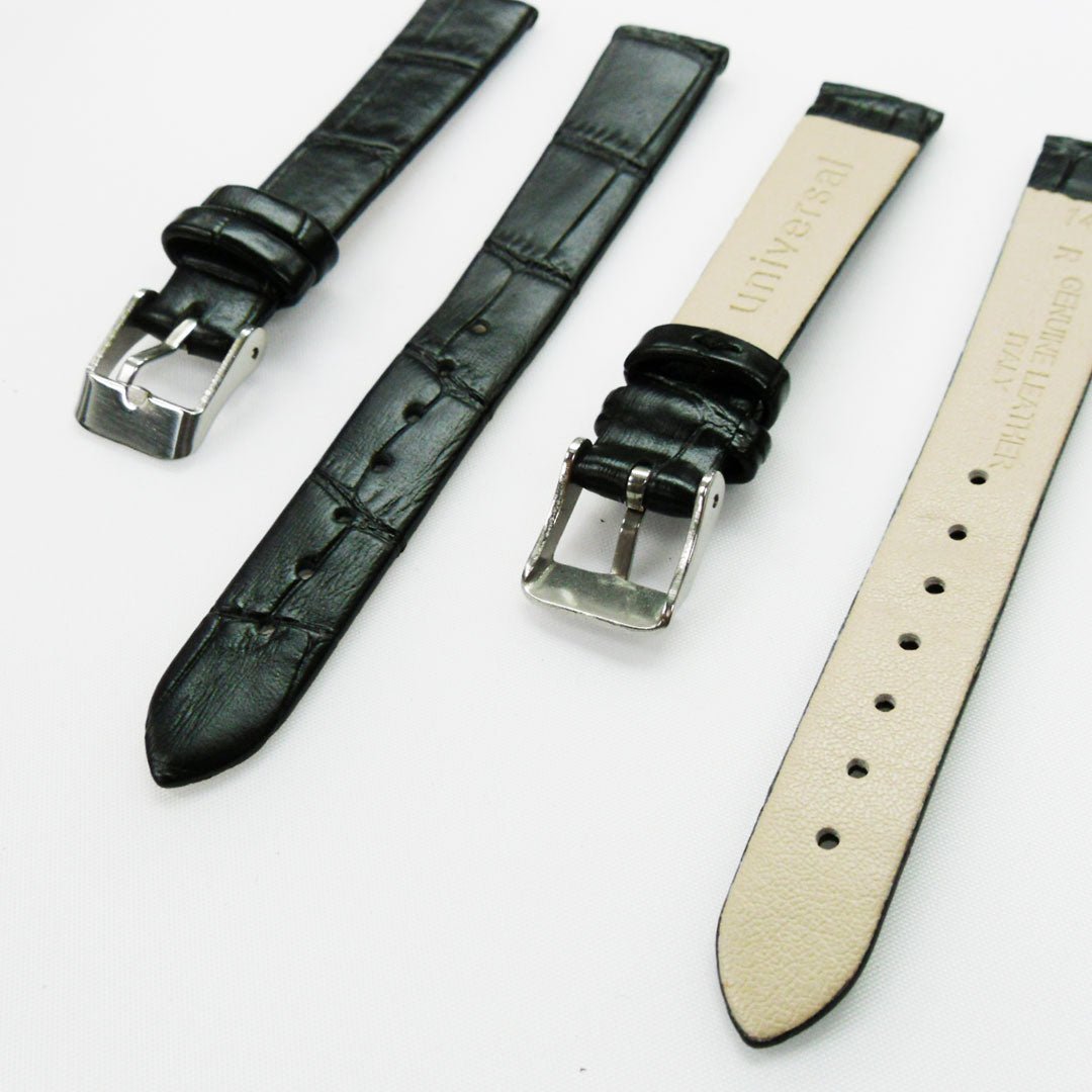 Genuine Leather Womens Watch Band, Black Alligator, Flat, No Stitches, 14MM Regular and 14MM XL Size, Stainless Steel Silver and Gold Buckle - Universal Jewelers & Watch Tools Inc.