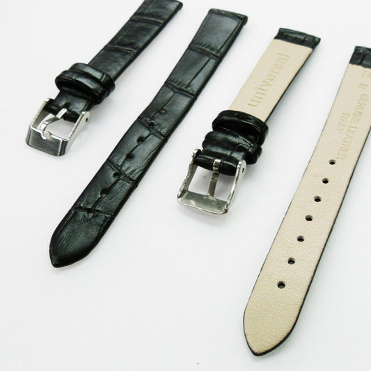 Genuine Leather Womens Watch Band, Black Alligator, Flat, No Stitches, 14MM Regular and 14MM XL Size, Stainless Steel Silver and Gold Buckle - Universal Jewelers & Watch Tools Inc.