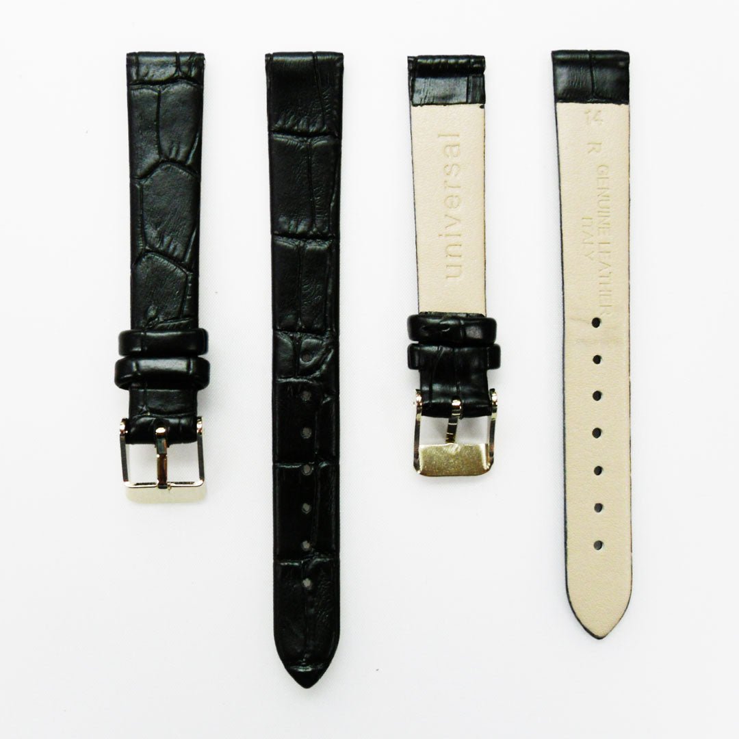 Genuine Leather Womens Watch Band, Black Alligator, Flat, No Stitches, 14MM Regular and 14MM XL Size, Stainless Steel Silver and Gold Buckle - Universal Jewelers & Watch Tools Inc.