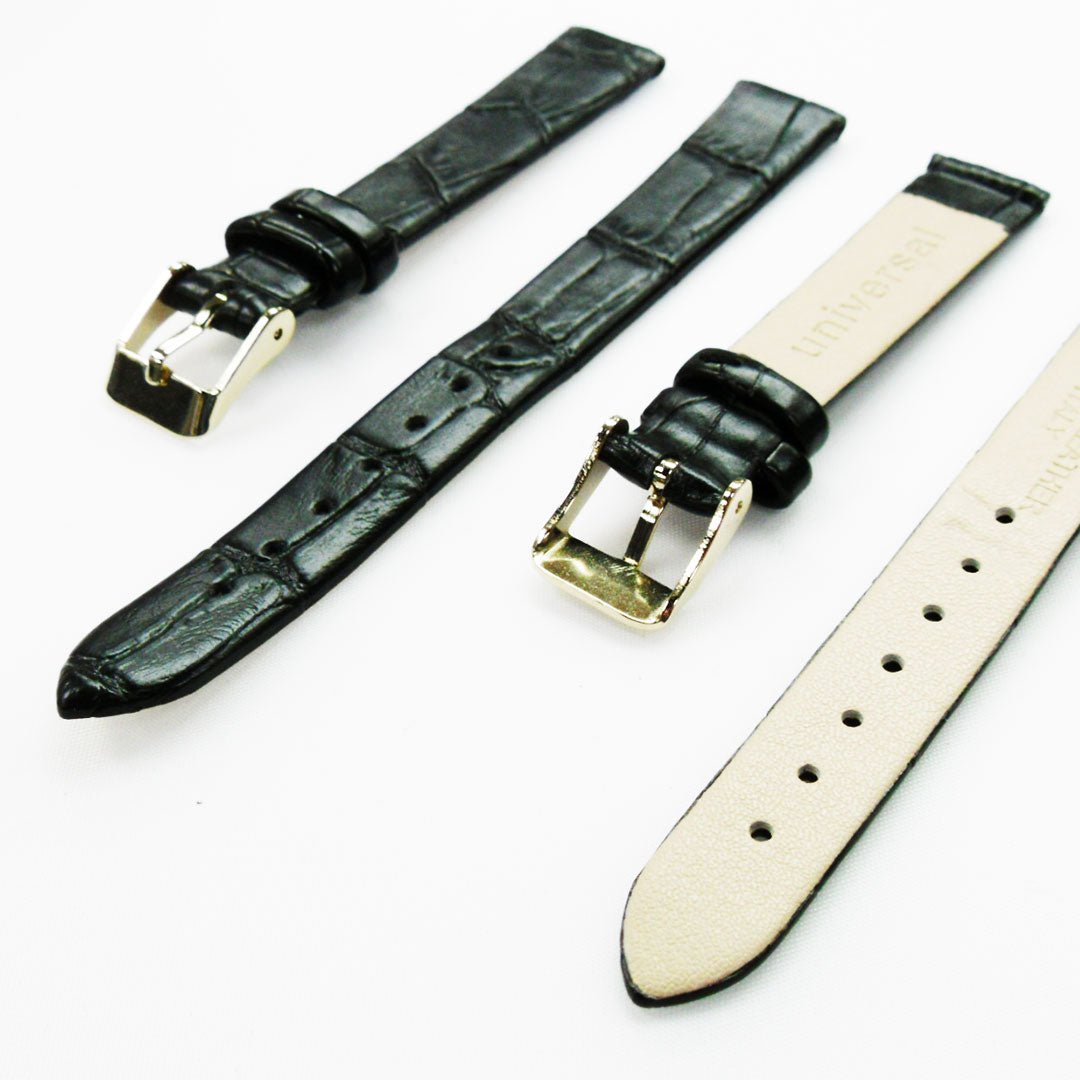 Genuine Leather Womens Watch Band, Black Alligator, Flat, No Stitches, 14MM Regular and 14MM XL Size, Stainless Steel Silver and Gold Buckle - Universal Jewelers & Watch Tools Inc.