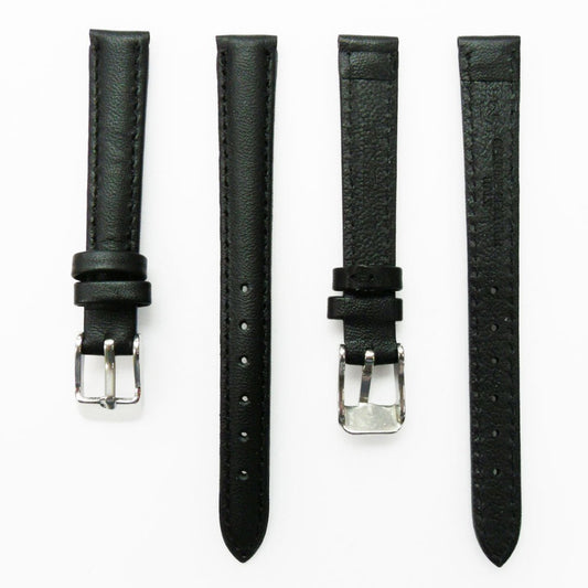 Genuine Leather Womens Watch Band, Black Plain Padded, Black Stitches, 12MM Regular and XL Size, Stainless Steel Silver and Gold Buckle - Universal Jewelers & Watch Tools Inc.