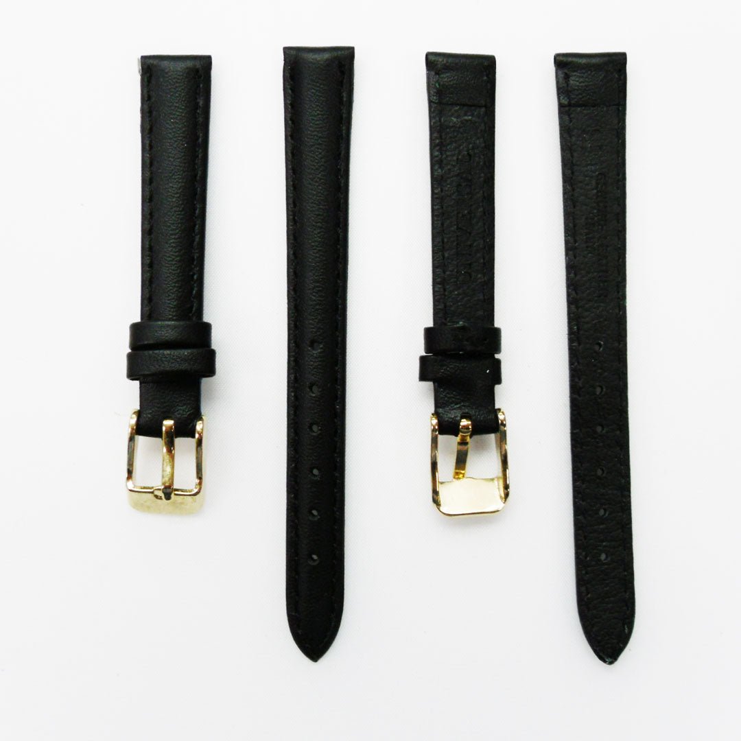 Genuine Leather Womens Watch Band, Black Plain Padded, Black Stitches, 12MM Regular and XL Size, Stainless Steel Silver and Gold Buckle - Universal Jewelers & Watch Tools Inc.