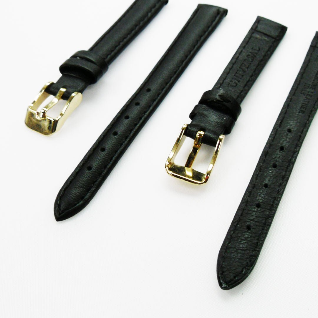 Genuine Leather Womens Watch Band, Black Plain Padded, Black Stitches, 12MM Regular and XL Size, Stainless Steel Silver and Gold Buckle - Universal Jewelers & Watch Tools Inc.