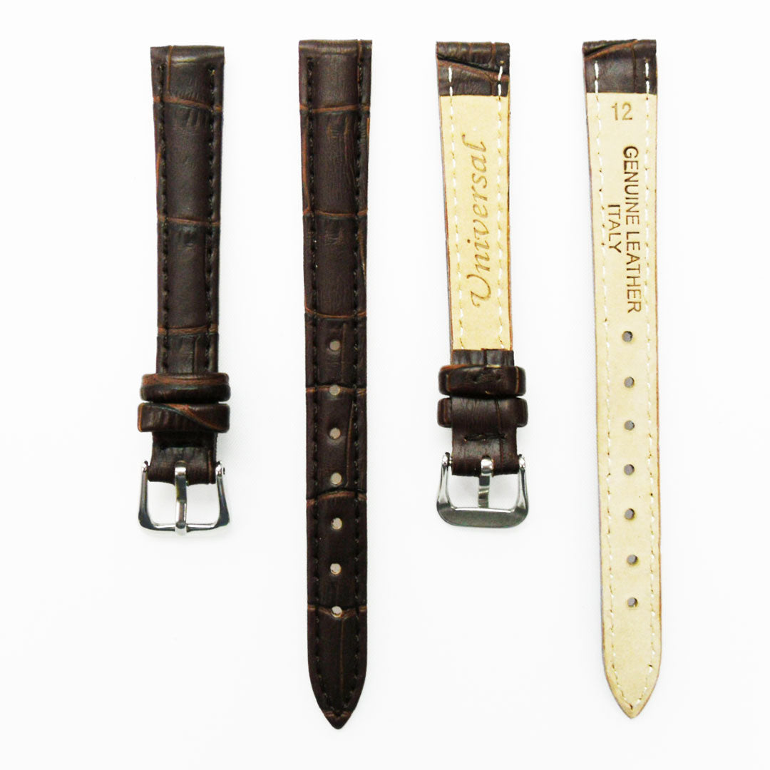 Genuine Leather Womens Watch Band, Black and Brown Alligator Style Padded, Black and Brown Stitches, 12MM Regular Size, Stainless Steel Silver and Gold Buckle