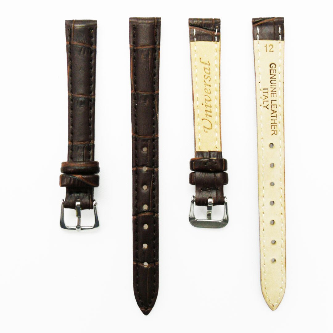 Genuine Leather Womens Watch Band, Black and Brown Alligator Style Padded, Black and Brown Stitches, 12MM Regular Size, Stainless Steel Silver and Gold Buckle - Universal Jewelers & Watch Tools Inc.