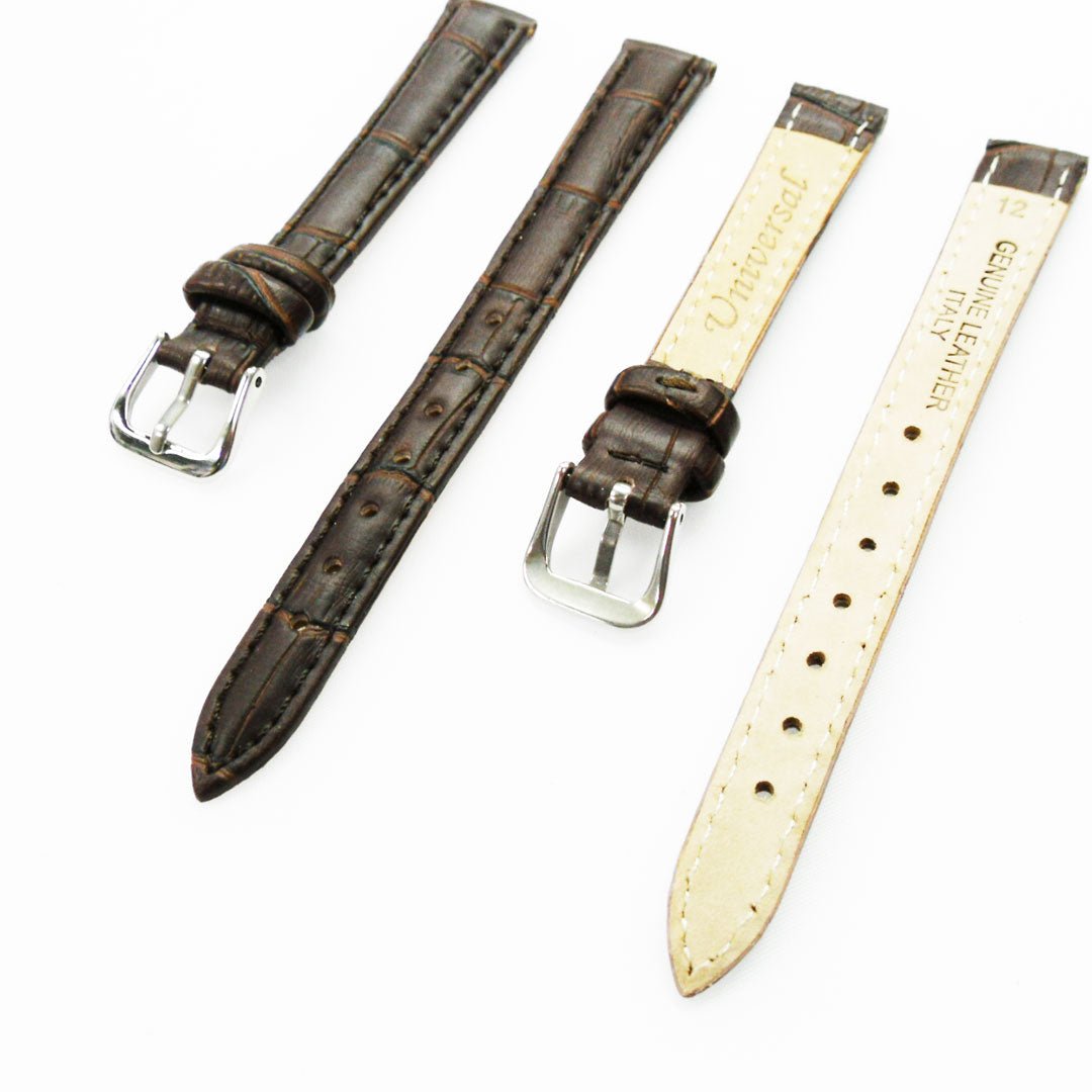 Genuine Leather Womens Watch Band, Black and Brown Alligator Style Padded, Black and Brown Stitches, 12MM Regular Size, Stainless Steel Silver and Gold Buckle - Universal Jewelers & Watch Tools Inc.