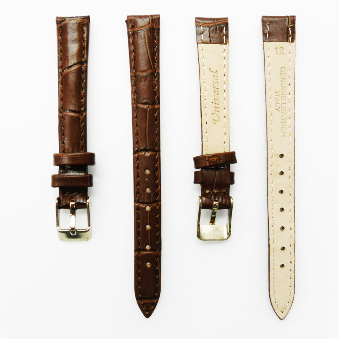 Genuine Leather Womens Watch Band, Black and Brown Alligator Style Padded, Black and Brown Stitches, 12MM Regular Size, Stainless Steel Silver and Gold Buckle