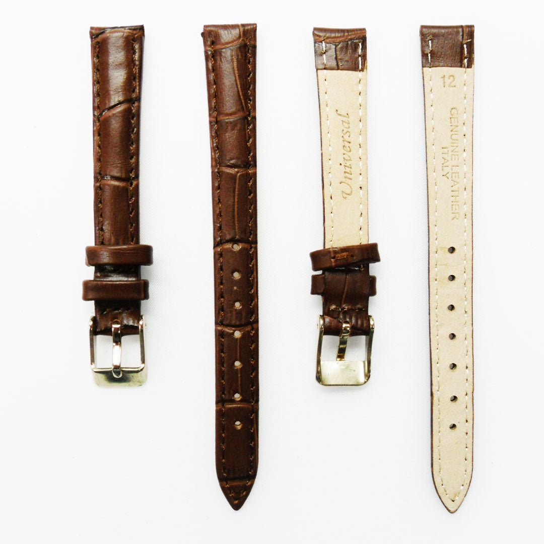 Genuine Leather Womens Watch Band, Black and Brown Alligator Style Padded, Black and Brown Stitches, 12MM Regular Size, Stainless Steel Silver and Gold Buckle - Universal Jewelers & Watch Tools Inc.