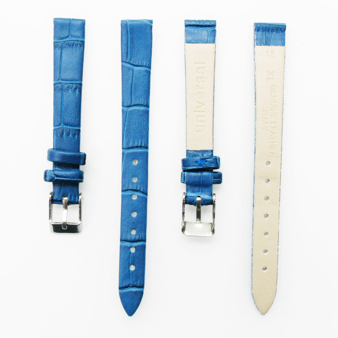 Genuine Leather Womens Watch Band, Blue Alligator, Flat, No Stitches, 12MM Regular and 12MM XL Size, Stainless Steel Silver and Gold Buckle - Universal Jewelers & Watch Tools Inc.