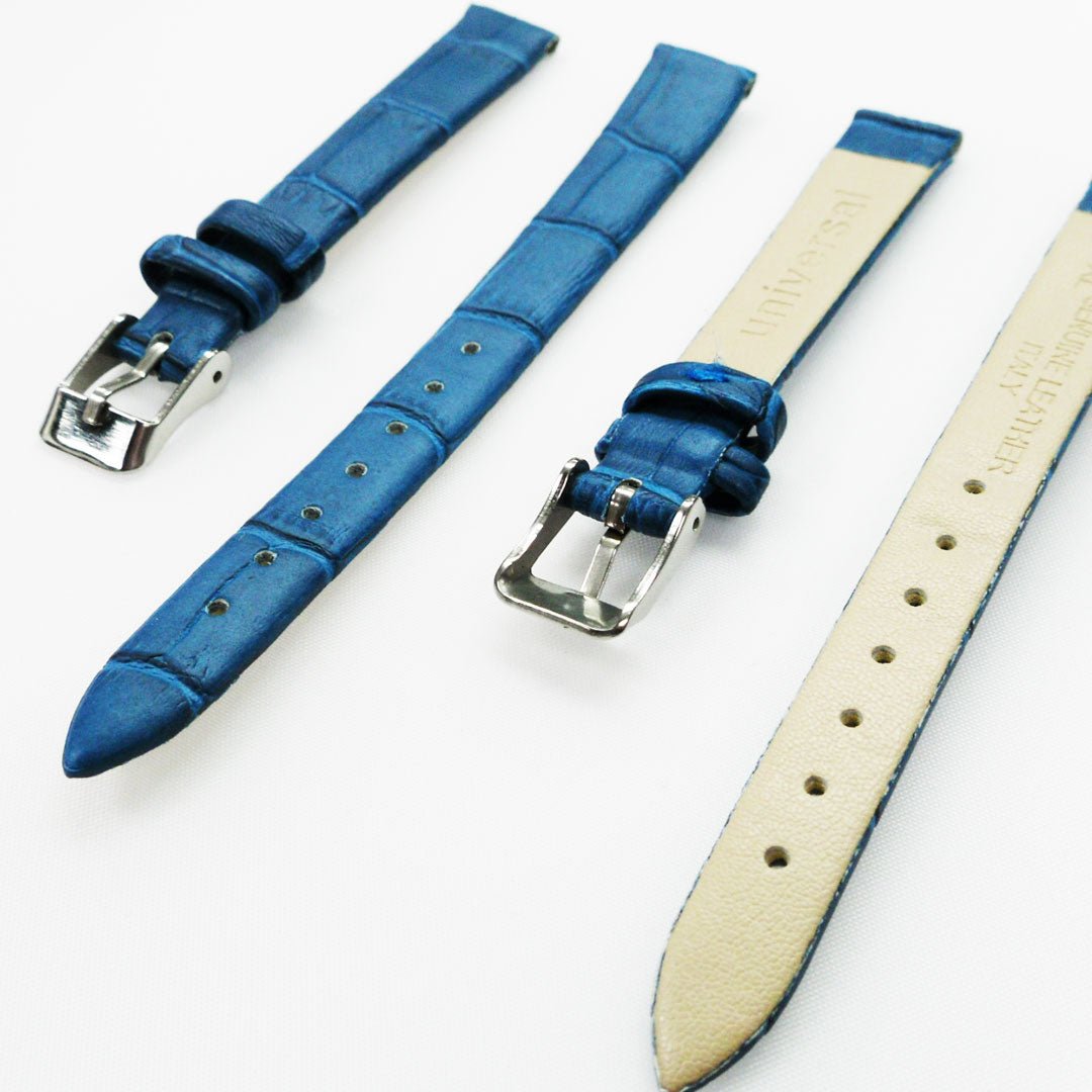 Genuine Leather Womens Watch Band, Blue Alligator, Flat, No Stitches, 12MM Regular and 12MM XL Size, Stainless Steel Silver and Gold Buckle - Universal Jewelers & Watch Tools Inc.