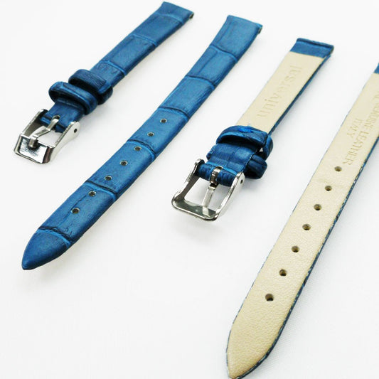 Genuine Leather Womens Watch Band, Blue Alligator, Flat, No Stitches, 12MM Regular and 12MM XL Size, Stainless Steel Silver and Gold Buckle - Universal Jewelers & Watch Tools Inc.