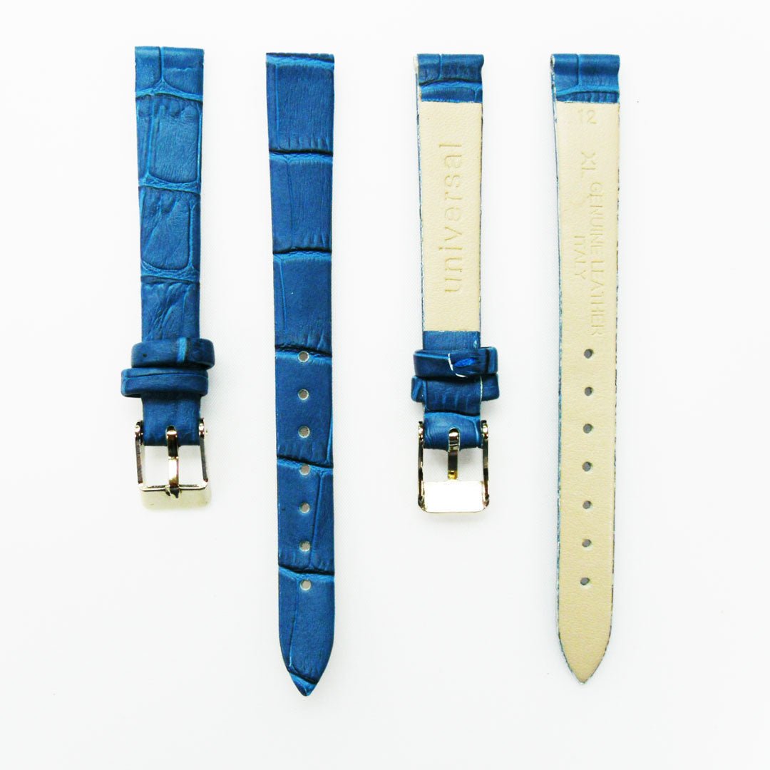 Genuine Leather Womens Watch Band, Blue Alligator, Flat, No Stitches, 12MM Regular and 12MM XL Size, Stainless Steel Silver and Gold Buckle - Universal Jewelers & Watch Tools Inc.