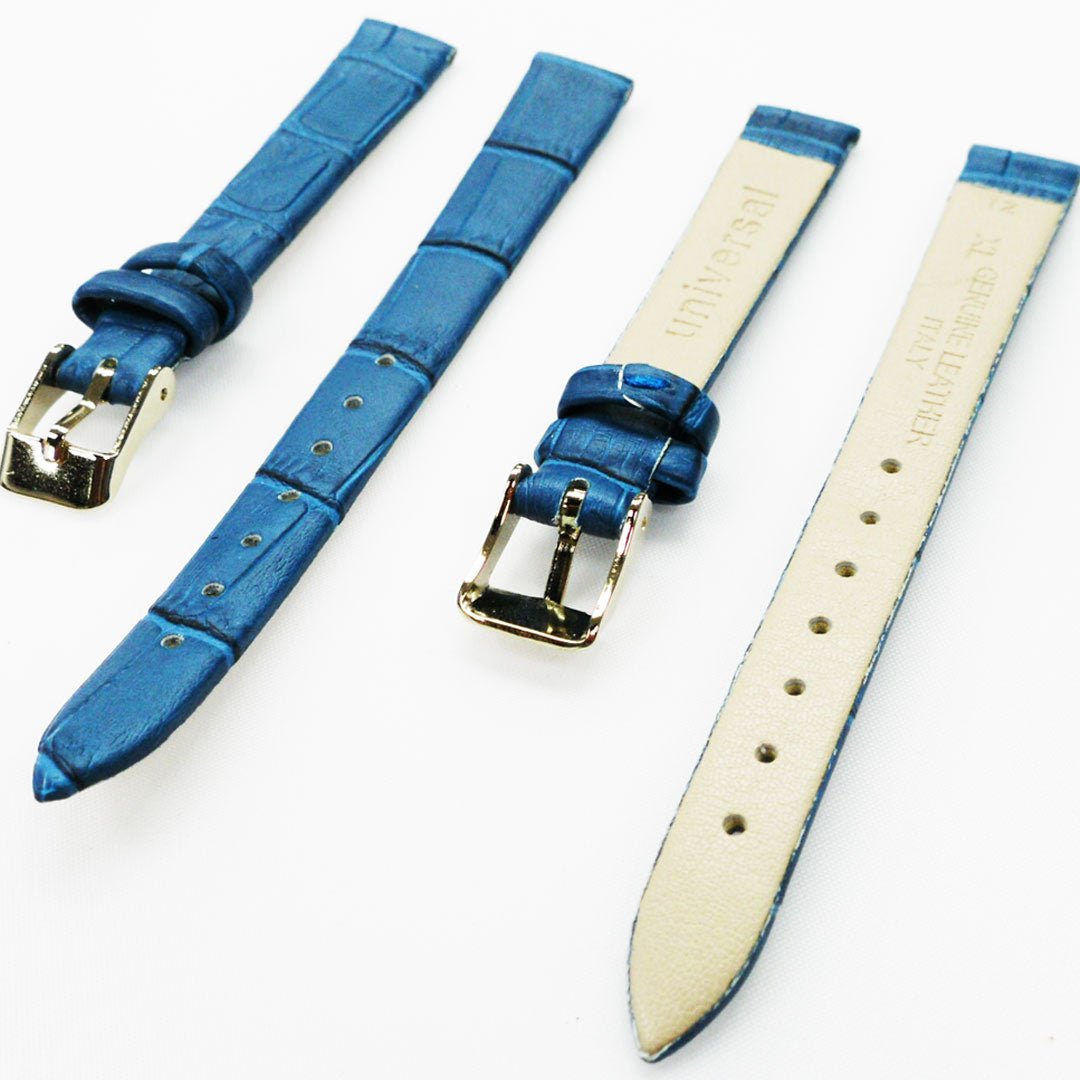 Genuine Leather Womens Watch Band, Blue Alligator, Flat, No Stitches, 12MM Regular and 12MM XL Size, Stainless Steel Silver and Gold Buckle - Universal Jewelers & Watch Tools Inc.