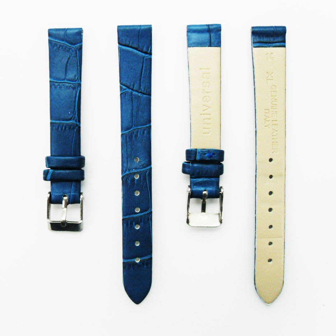 Genuine Leather Womens Watch Band, Blue Alligator, Flat, No Stitches, 14MM Regular and 14MM XL Size, Stainless Steel Silver and Gold Buckle - Universal Jewelers & Watch Tools Inc.