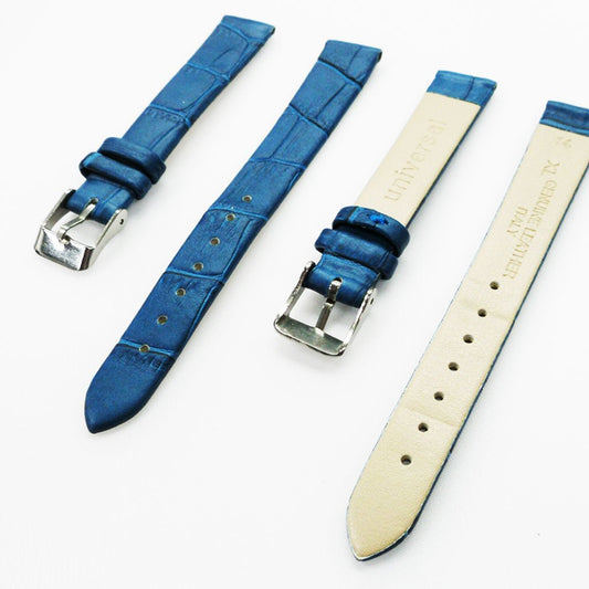 Genuine Leather Womens Watch Band, Blue Alligator, Flat, No Stitches, 14MM Regular and 14MM XL Size, Stainless Steel Silver and Gold Buckle - Universal Jewelers & Watch Tools Inc.
