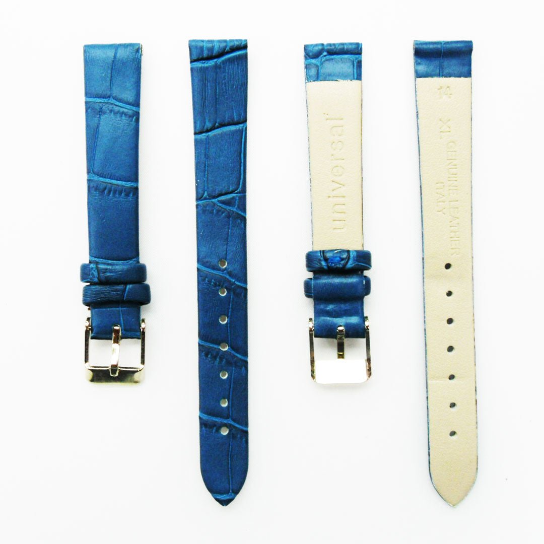 Genuine Leather Womens Watch Band, Blue Alligator, Flat, No Stitches, 14MM Regular and 14MM XL Size, Stainless Steel Silver and Gold Buckle - Universal Jewelers & Watch Tools Inc.