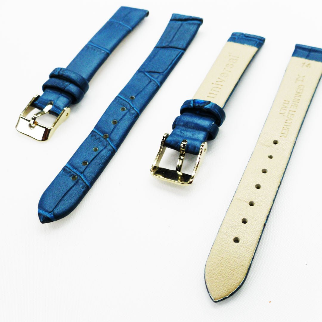 Genuine Leather Womens Watch Band, Blue Alligator, Flat, No Stitches, 14MM Regular and 14MM XL Size, Stainless Steel Silver and Gold Buckle - Universal Jewelers & Watch Tools Inc.