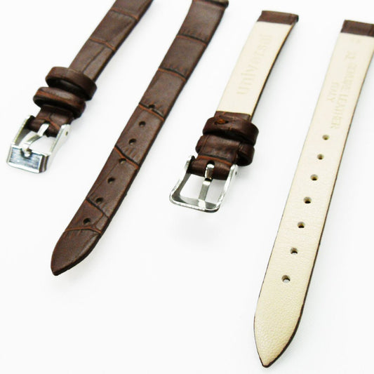 Genuine Leather Womens Watch Band, Brown Alligator, Flat, No Stitches, 12MM Regular and 12MM XL Size, Stainless Steel Silver and Gold Buckle - Universal Jewelers & Watch Tools Inc.