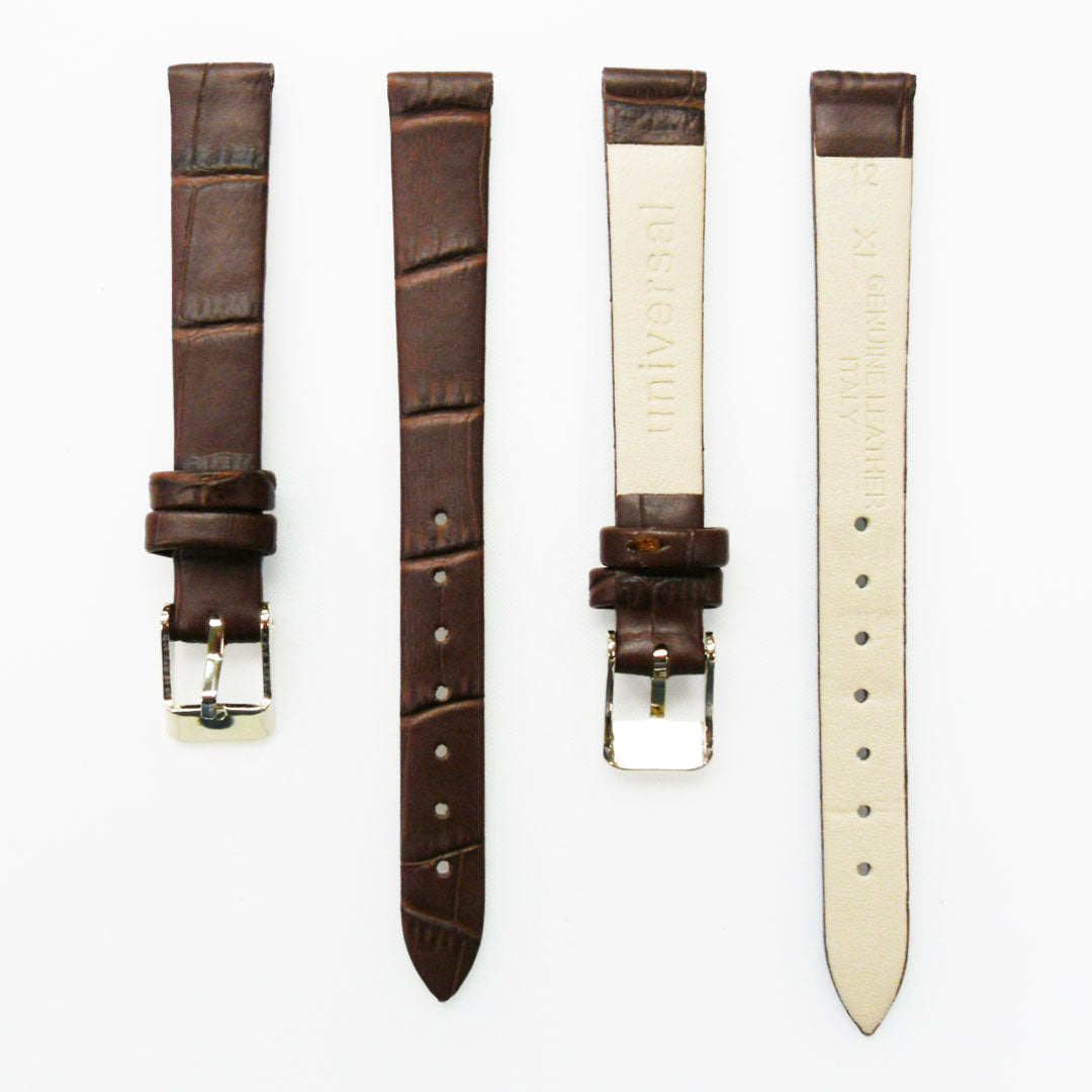 Genuine Leather Womens Watch Band, Brown Alligator, Flat, No Stitches, 12MM Regular and 12MM XL Size, Stainless Steel Silver and Gold Buckle