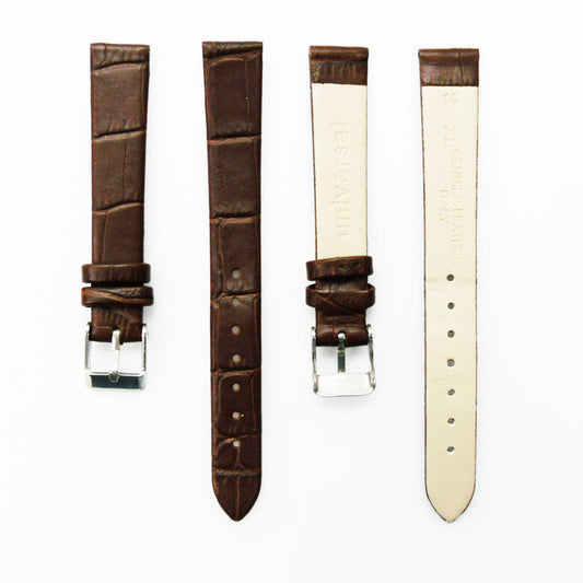 Genuine Leather Womens Watch Band, Brown Alligator, Flat, No Stitches, 14MM Regular and 14MM XL Size, Stainless Steel Silver and Gold Buckle - Universal Jewelers & Watch Tools Inc.