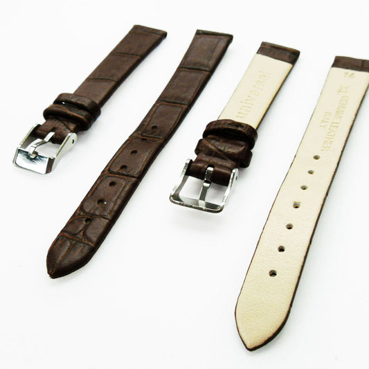 Genuine Leather Womens Watch Band, Brown Alligator, Flat, No Stitches, 14MM Regular and 14MM XL Size, Stainless Steel Silver and Gold Buckle - Universal Jewelers & Watch Tools Inc.