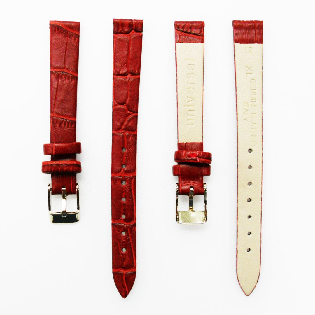 Genuine Leather Womens Watch Band, Red Alligator, Flat, No Stitches, 12MM Regular and 12MM XL Size, Stainless Steel Silver and Gold Buckle - Universal Jewelers & Watch Tools Inc.