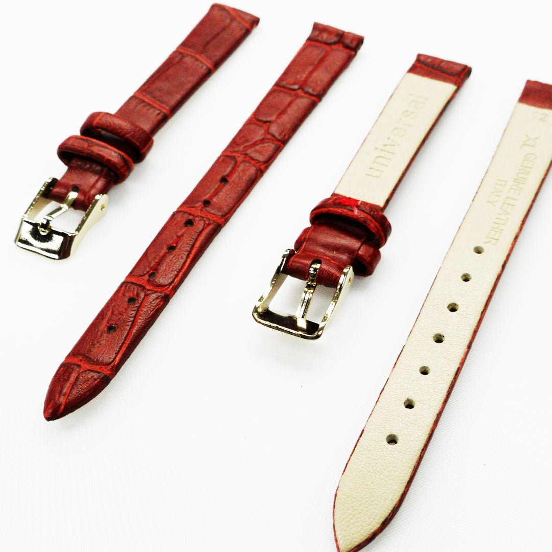 Genuine Leather Womens Watch Band, Red Alligator, Flat, No Stitches, 12MM Regular and 12MM XL Size, Stainless Steel Silver and Gold Buckle - Universal Jewelers & Watch Tools Inc.