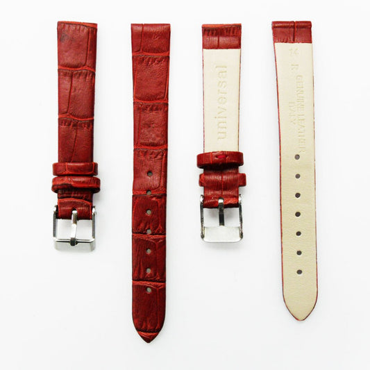 Genuine Leather Womens Watch Band, Red Alligator, Flat, No Stitches, 14MM Regular and 14MM XL Size, Stainless Steel Silver and Gold Buckle - Universal Jewelers & Watch Tools Inc.