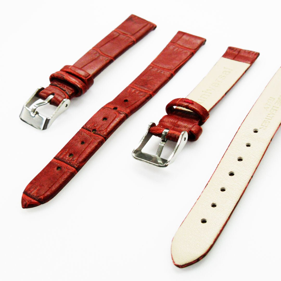 Genuine Leather Womens Watch Band, Red Alligator, Flat, No Stitches, 14MM Regular and 14MM XL Size, Stainless Steel Silver and Gold Buckle - Universal Jewelers & Watch Tools Inc.