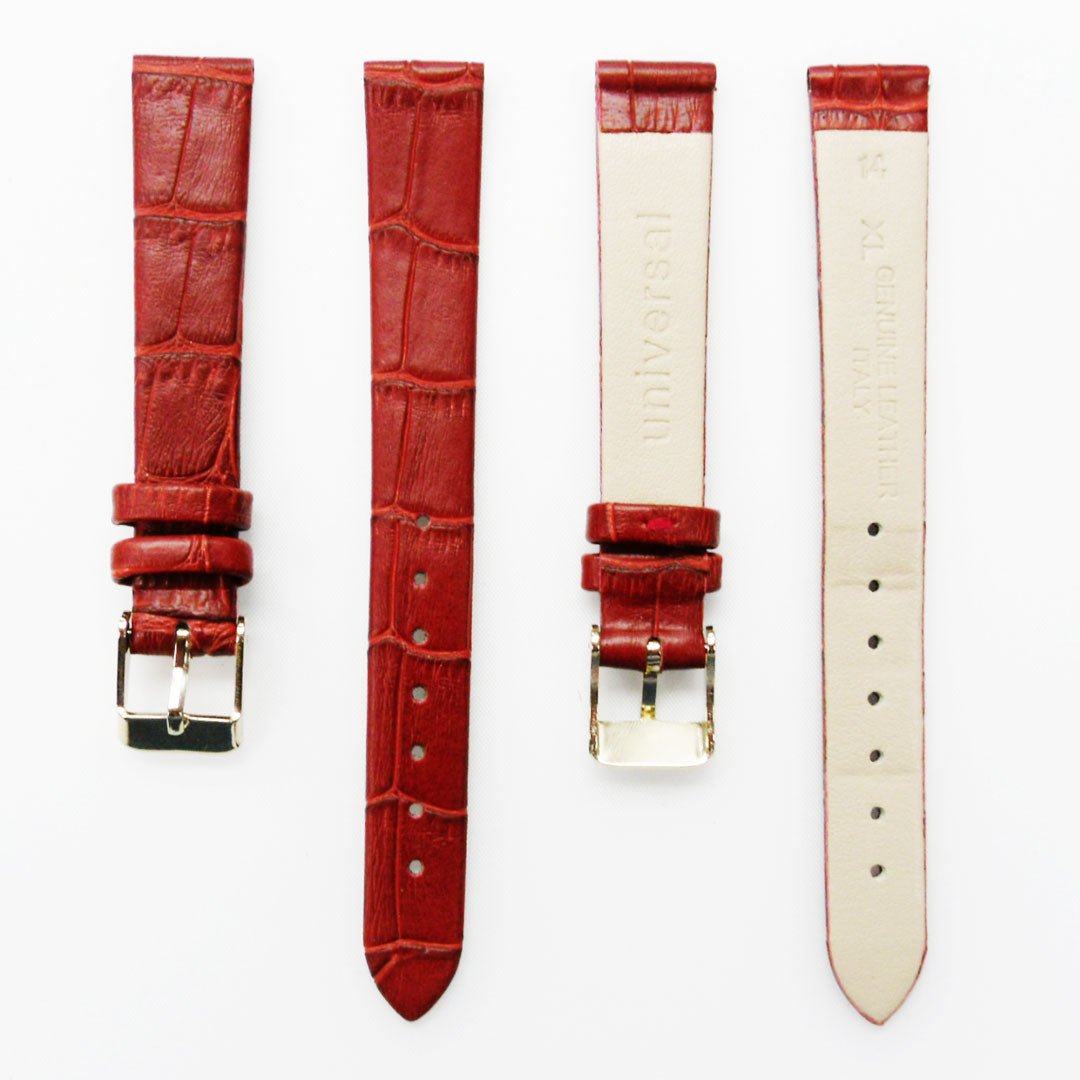 Genuine Leather Womens Watch Band, Red Alligator, Flat, No Stitches, 14MM Regular and 14MM XL Size, Stainless Steel Silver and Gold Buckle - Universal Jewelers & Watch Tools Inc.