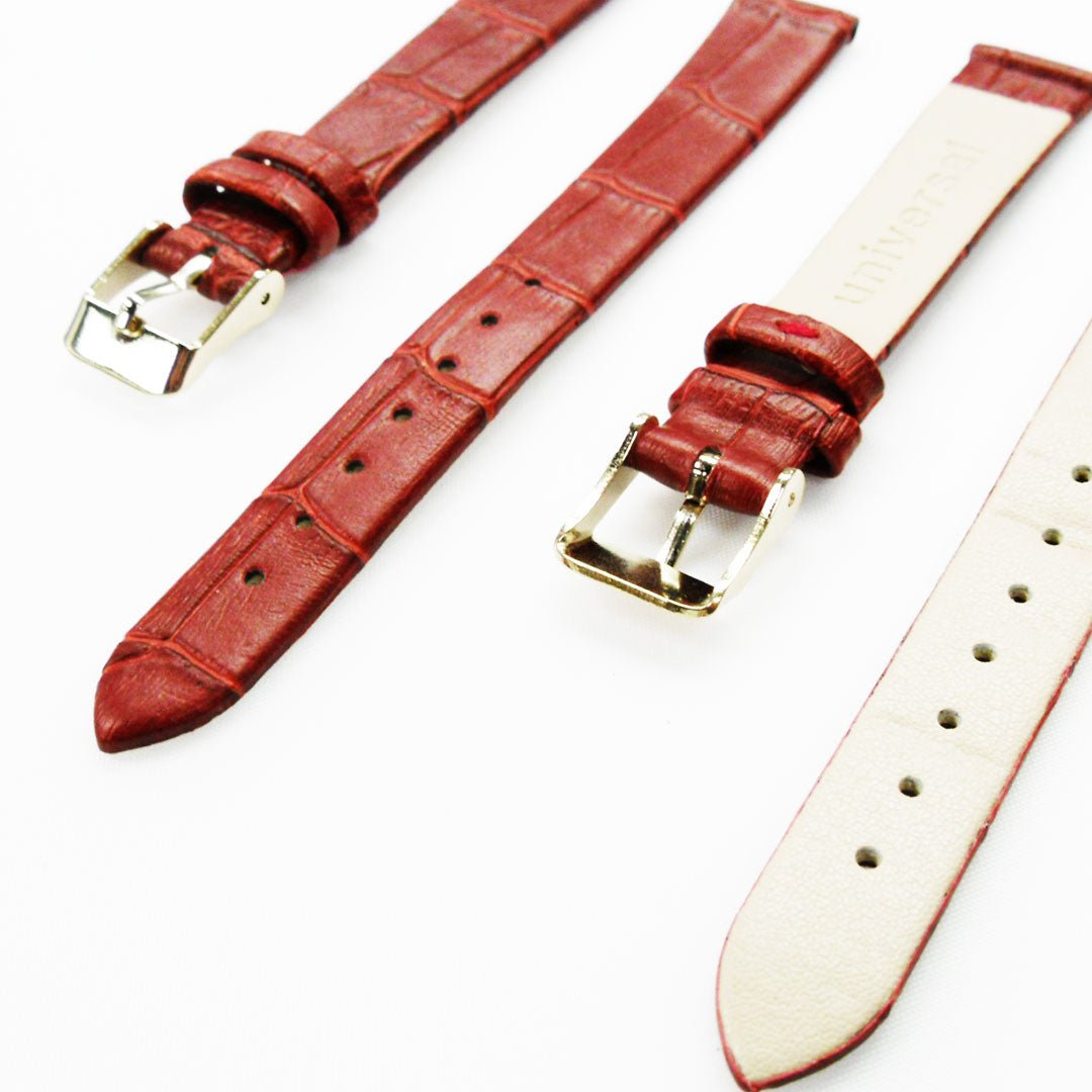 Genuine Leather Womens Watch Band, Red Alligator, Flat, No Stitches, 14MM Regular and 14MM XL Size, Stainless Steel Silver and Gold Buckle - Universal Jewelers & Watch Tools Inc.