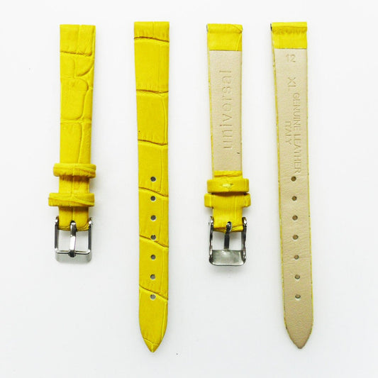 Genuine Leather Womens Watch Band, Yellow Alligator, Flat, No Stitches, 12MM Regular and 12MM XL Size, Stainless Steel Silver and Gold Buckle - Universal Jewelers & Watch Tools Inc.
