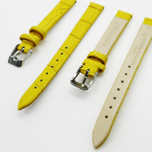 Genuine Leather Womens Watch Band, Yellow Alligator, Flat, No Stitches, 12MM Regular and 12MM XL Size, Stainless Steel Silver and Gold Buckle - Universal Jewelers & Watch Tools Inc.