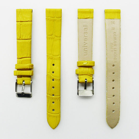 Genuine Leather Womens Watch Band, Yellow Alligator, Flat, No Stitches, 14MM Regular and 14MM XL Size, Stainless Steel Silver and Gold Buckle - Universal Jewelers & Watch Tools Inc.