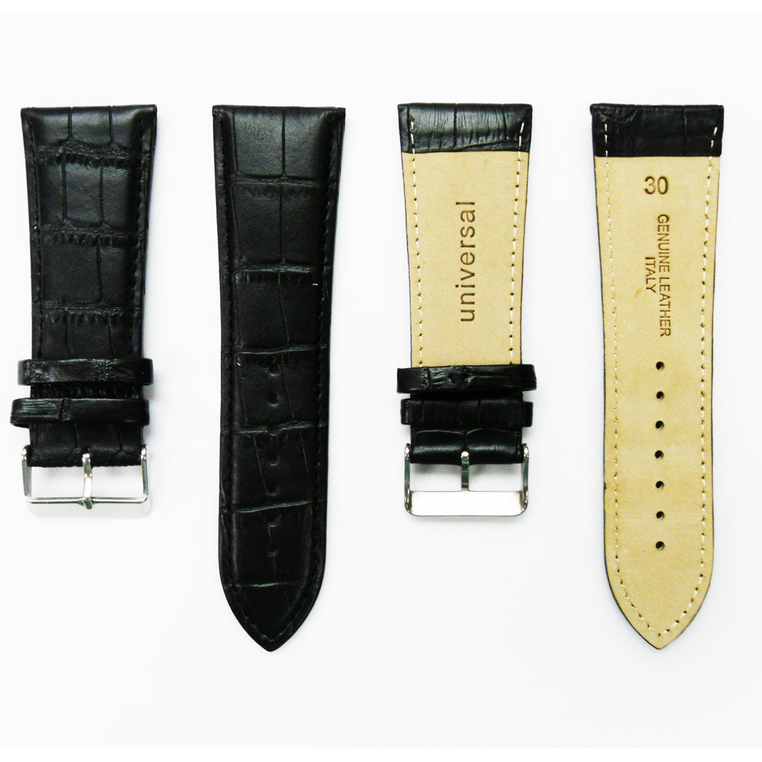 Genuine Leather Watch Band, Black Alligator Grain Straps, Padded, Stitches, 28MM , Regular Size, Stainless Steel Silver Buckle