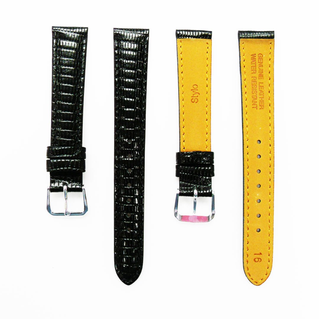 Lizard Watch Band, 16MM Wide, Padded, Regular Size, Black Color, Black Stitched, Silver and Gold Buckle, Genuine Leather Watch Strap Replacement - Universal Jewelers & Watch Tools Inc.