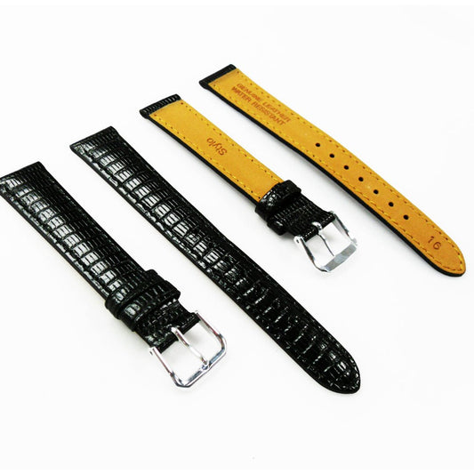 Lizard Watch Band, 16MM Wide, Padded, Regular Size, Black Color, Black Stitched, Silver and Gold Buckle, Genuine Leather Watch Strap Replacement - Universal Jewelers & Watch Tools Inc.