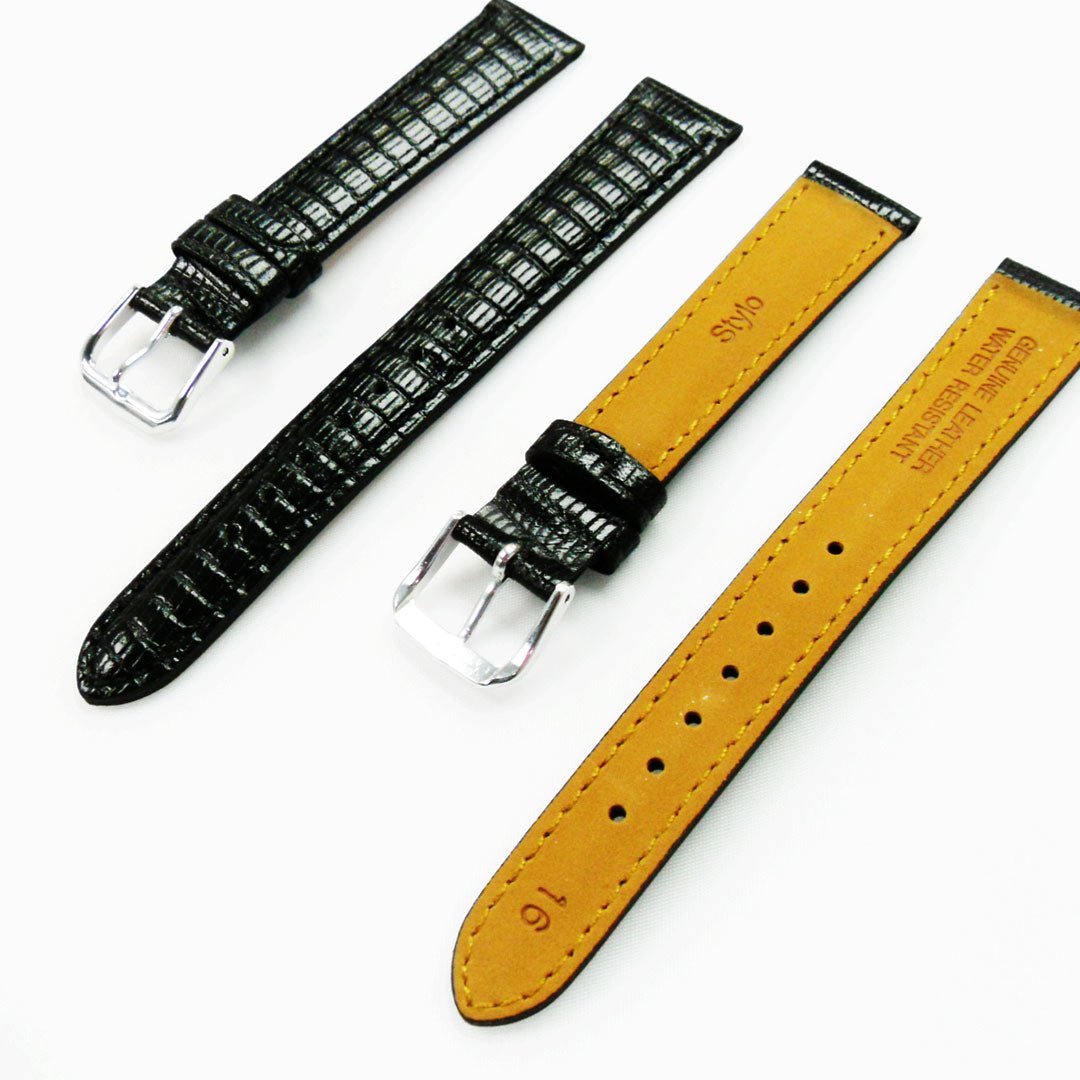 Lizard Watch Band, 16MM Wide, Padded, Regular Size, Black Color, Black Stitched, Silver and Gold Buckle, Genuine Leather Watch Strap Replacement - Universal Jewelers & Watch Tools Inc.