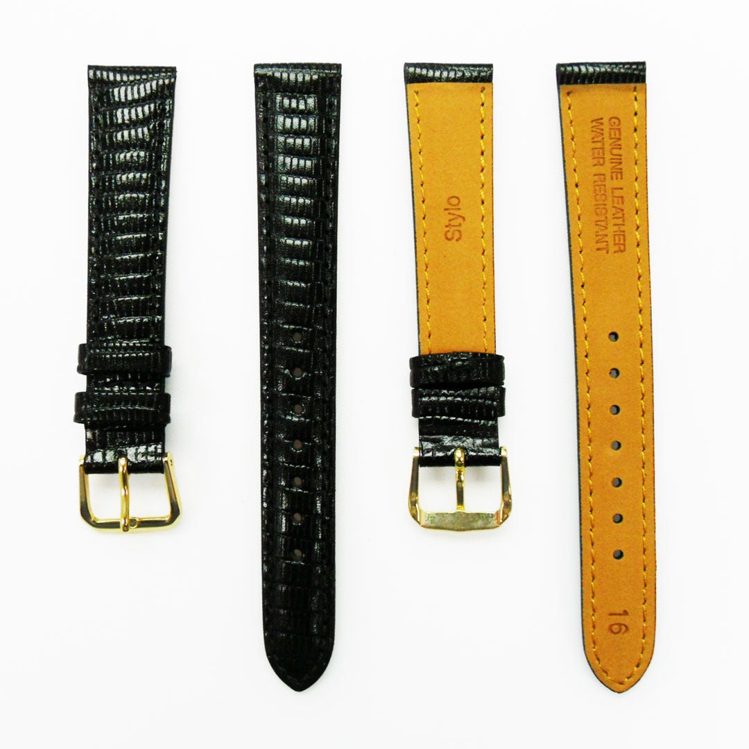 Lizard Watch Band, 16MM Wide, Padded, Regular Size, Black Color, Black Stitched, Silver and Gold Buckle, Genuine Leather Watch Strap Replacement - Universal Jewelers & Watch Tools Inc.