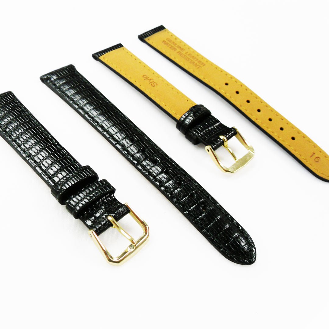 Lizard Watch Band, 16MM Wide, Padded, Regular Size, Black Color, Black Stitched, Silver and Gold Buckle, Genuine Leather Watch Strap Replacement - Universal Jewelers & Watch Tools Inc.