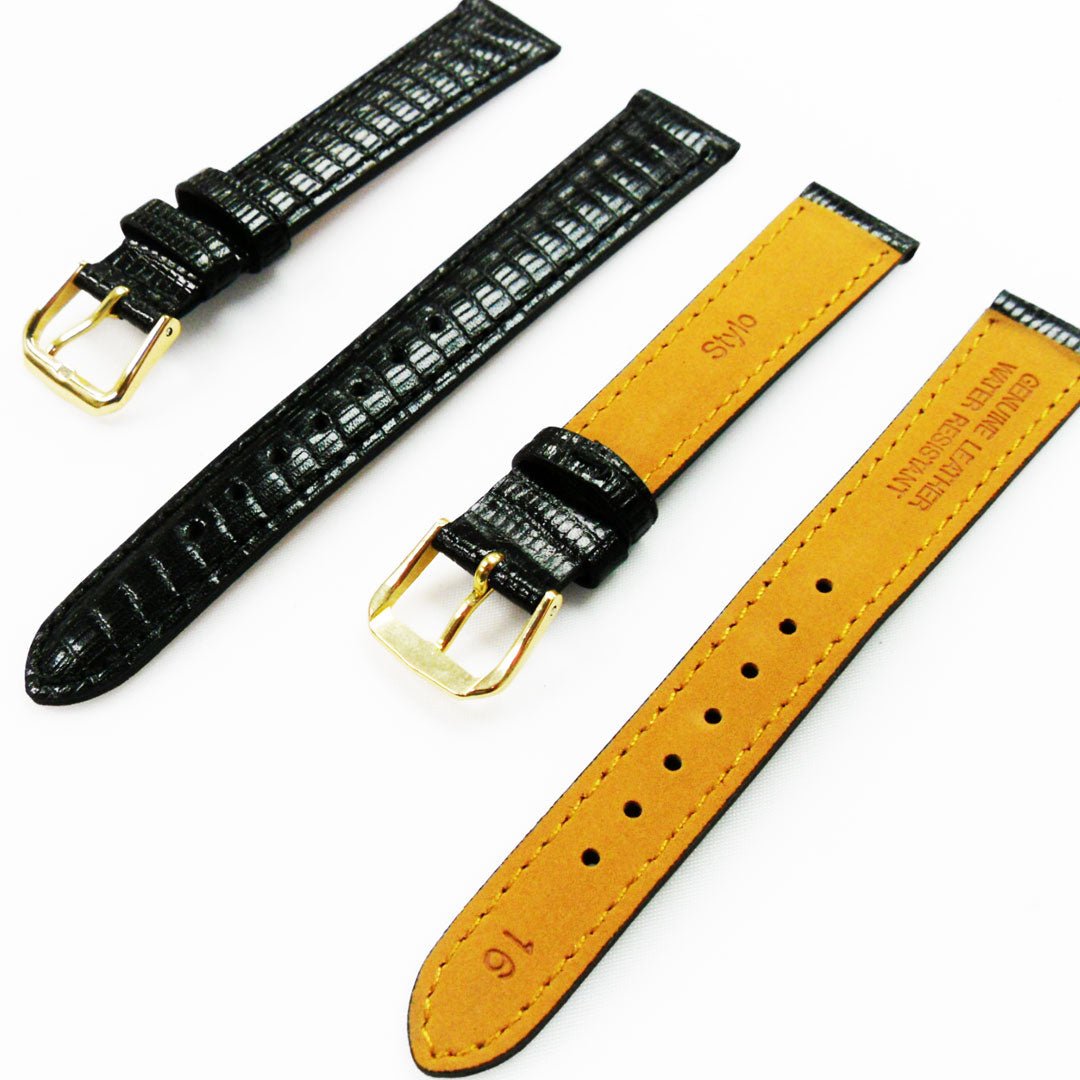 Lizard Watch Band, 16MM Wide, Padded, Regular Size, Black Color, Black Stitched, Silver and Gold Buckle, Genuine Leather Watch Strap Replacement - Universal Jewelers & Watch Tools Inc.