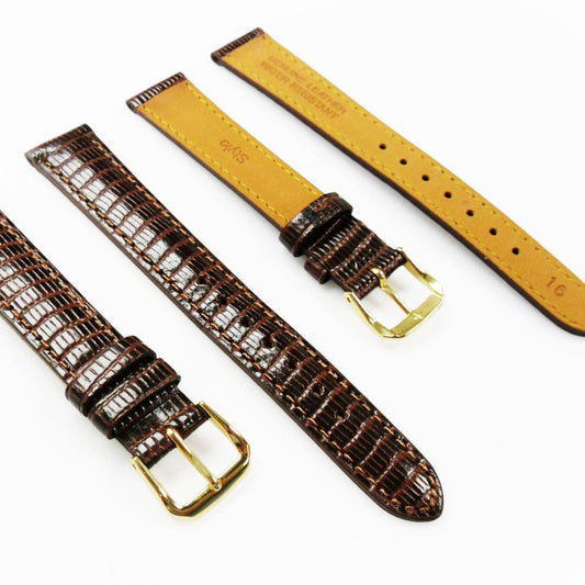Lizard Watch Band, 16MM Wide, Padded, Regular Size, Brown Color, Brown Stitched, Gold and Silver Buckle, Genuine Leather Watch Strap Replacement - Universal Jewelers & Watch Tools Inc.